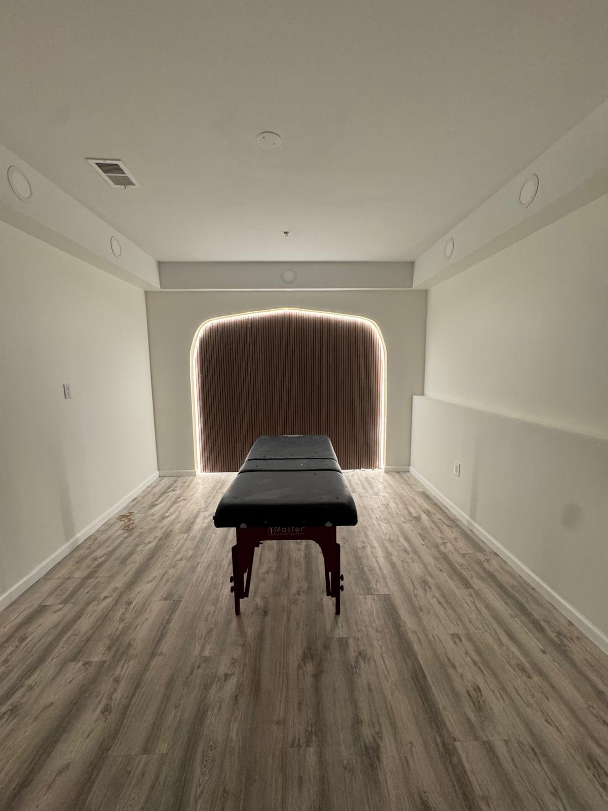 Wood slat accent wall with LED backlight